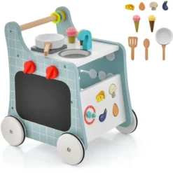 6 in 1 Holz Lauflernhilfe mit Spielküche & Lernuhr & Formanpassung & Lauflernwagen