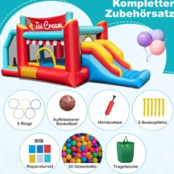 5 in 1Hüpfburg mit Rutsche & Basketballkorb & Ringwurfspiel & Bällebad Aufblasbares Spielhaus