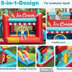 5 in 1Hüpfburg mit Rutsche & Basketballkorb & Ringwurfspiel & Bällebad Aufblasbares Spielhaus