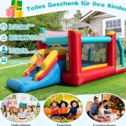 5 in 1Hüpfburg mit Rutsche & Basketballkorb & Ringwurfspiel & Bällebad Aufblasbares Spielhaus