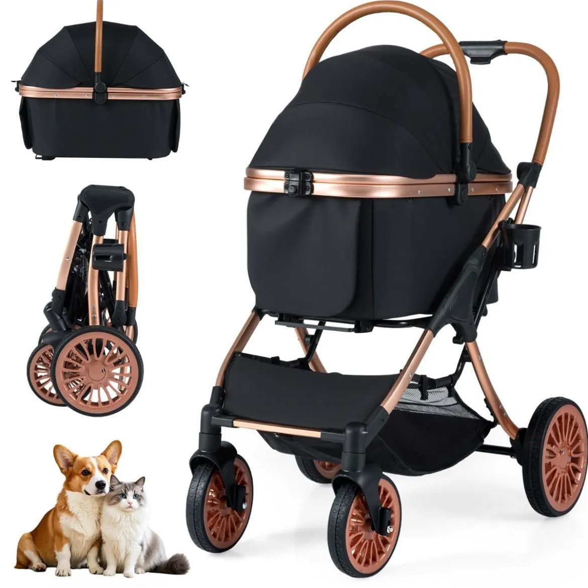 3 in 1 Hundebuggy mit Sonnenschutz & Sicherheitsgurt & Getränkehalter Reisewagen Hundewagen
