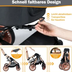 3 in 1 Hundebuggy mit Sonnenschutz & Sicherheitsgurt & Getränkehalter Reisewagen Hundewagen