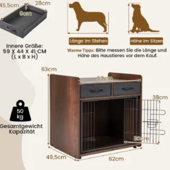 2 in 1 Hundekäfig Beistelltisch mit Abschließbarer Tür & 2 Stoffschubladen Tierkäfig Hundebox