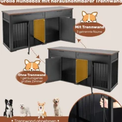 3 in 1 Hundekäfig mit 2 Türen & 2 Schubladen & Trennwand Hundebox im Möbelstil Schwarz