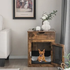 2 in 1 Hundekäfig Nachttish mit Ladestation & abschließbarer Tür & Schublade Braun