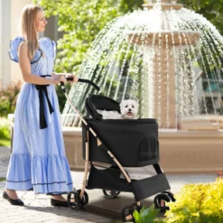 3 in 1 Hundewagen Hundebuggy klappbar bis 15 kg Haustierwagen mit Netzfenstern Schwarz