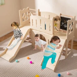 8-in-1 Indoor Spielplatz Holz mit Rutsche & Kletterleiter & Kletterrampe Kinder Rutsche mit Klettergerüst