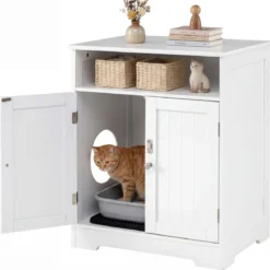 3 in 1 Katzenhaus Katzentoilette Beistelltisch mit Streumatte & 2 Abschließbaren Türen & Eingang & Fach