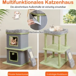 3-in-1 Katzenmöbelset Katzenaktivitätszentrum mit Katzenhaus 3-stufiger Kratzbaum Grau