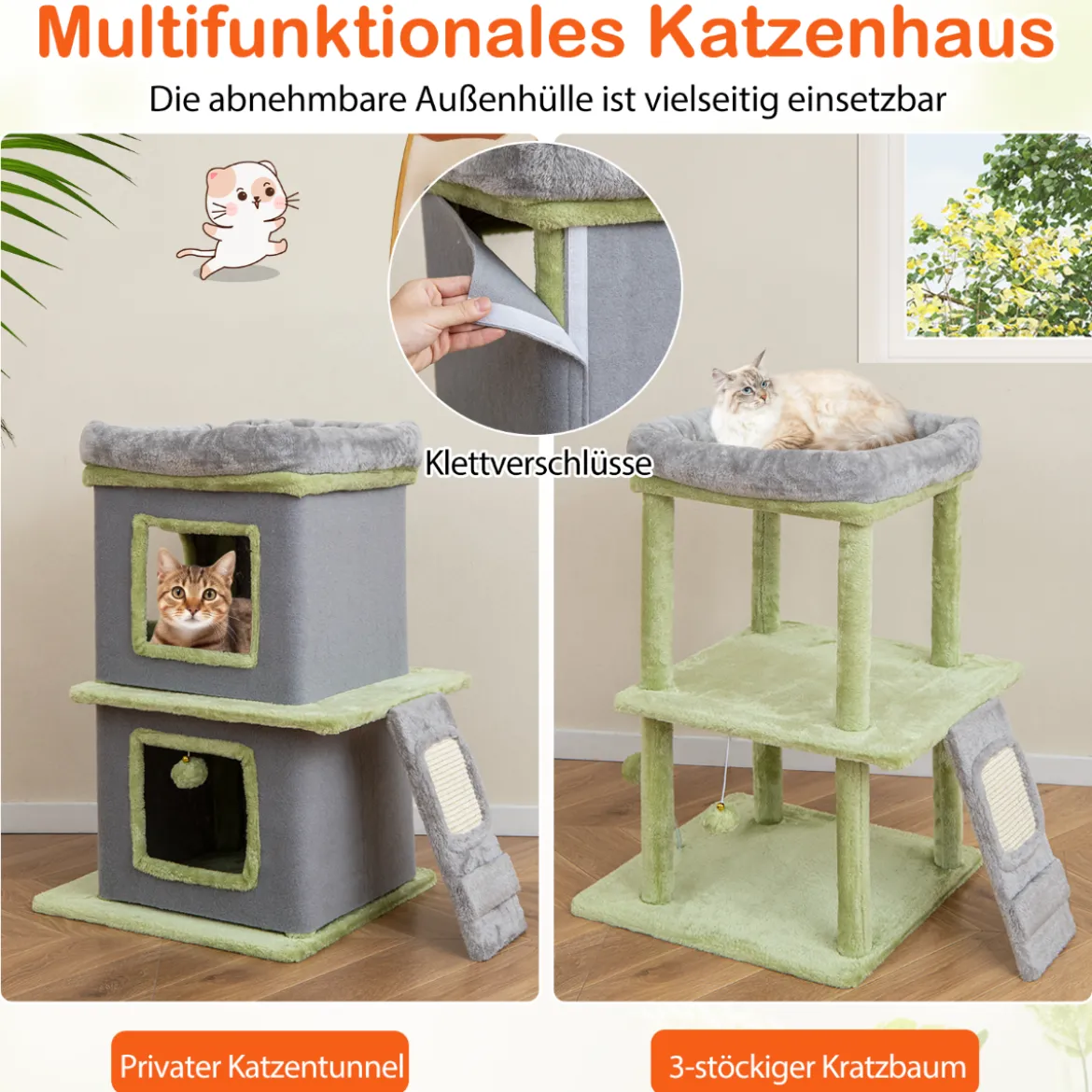 3-in-1 Katzenmöbelset Katzenaktivitätszentrum mit Katzenhaus 3-stufiger Kratzbaum Grau