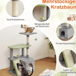 3-in-1 Katzenmöbelset Katzenaktivitätszentrum mit Katzenhaus 3-stufiger Kratzbaum Grau