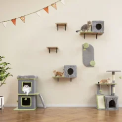 3-in-1 Katzenmöbelset Katzenaktivitätszentrum mit Katzenhaus 3-stufiger Kratzbaum Grau
