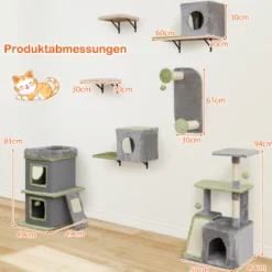 3-in-1 Katzenmöbelset Katzenaktivitätszentrum mit Katzenhaus 3-stufiger Kratzbaum Grau