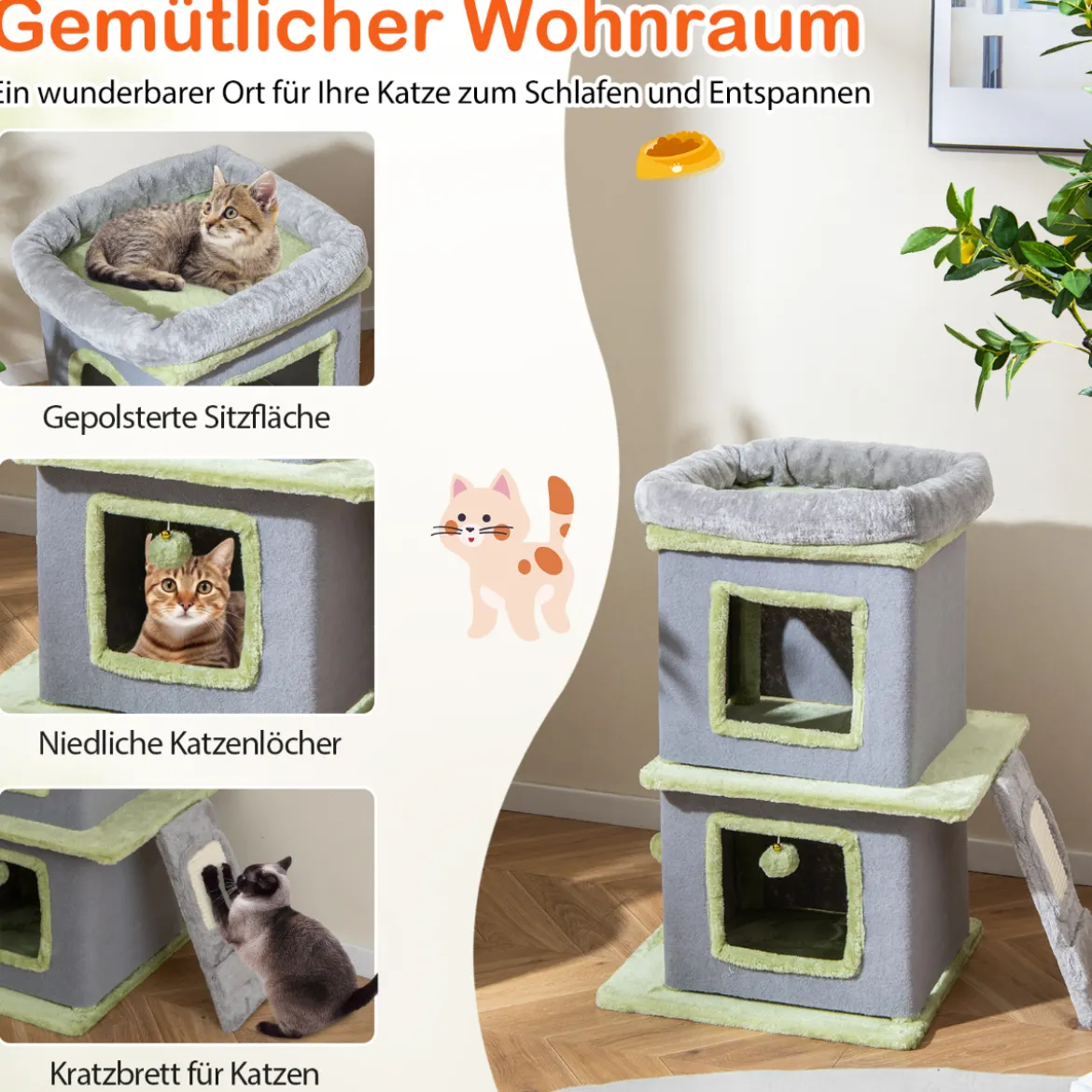 3-in-1 Katzenmöbelset Katzenaktivitätszentrum mit Katzenhaus 3-stufiger Kratzbaum Grau