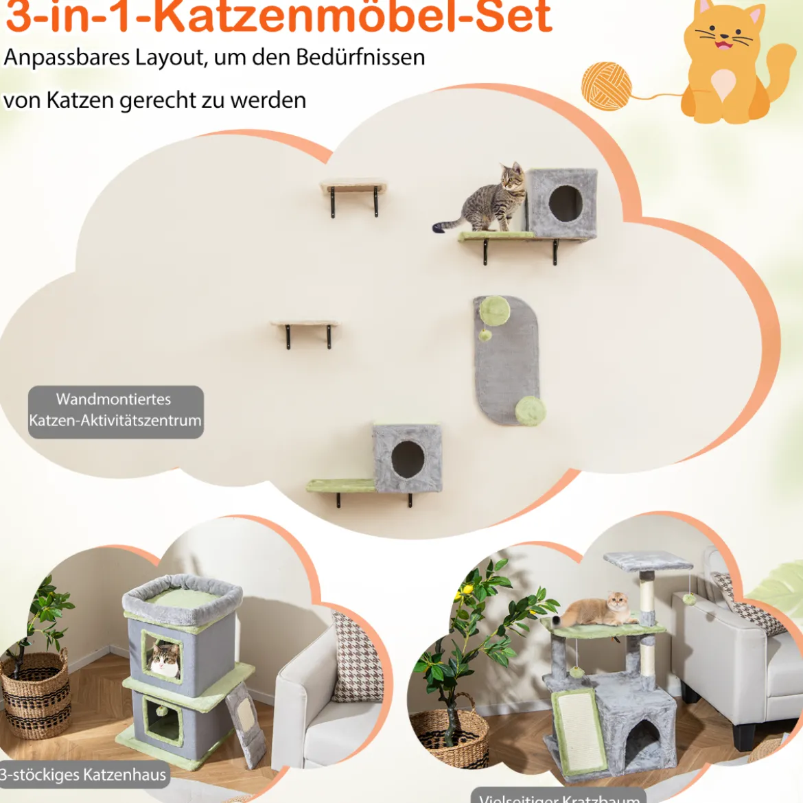 3-in-1 Katzenmöbelset Katzenaktivitätszentrum mit Katzenhaus 3-stufiger Kratzbaum Grau