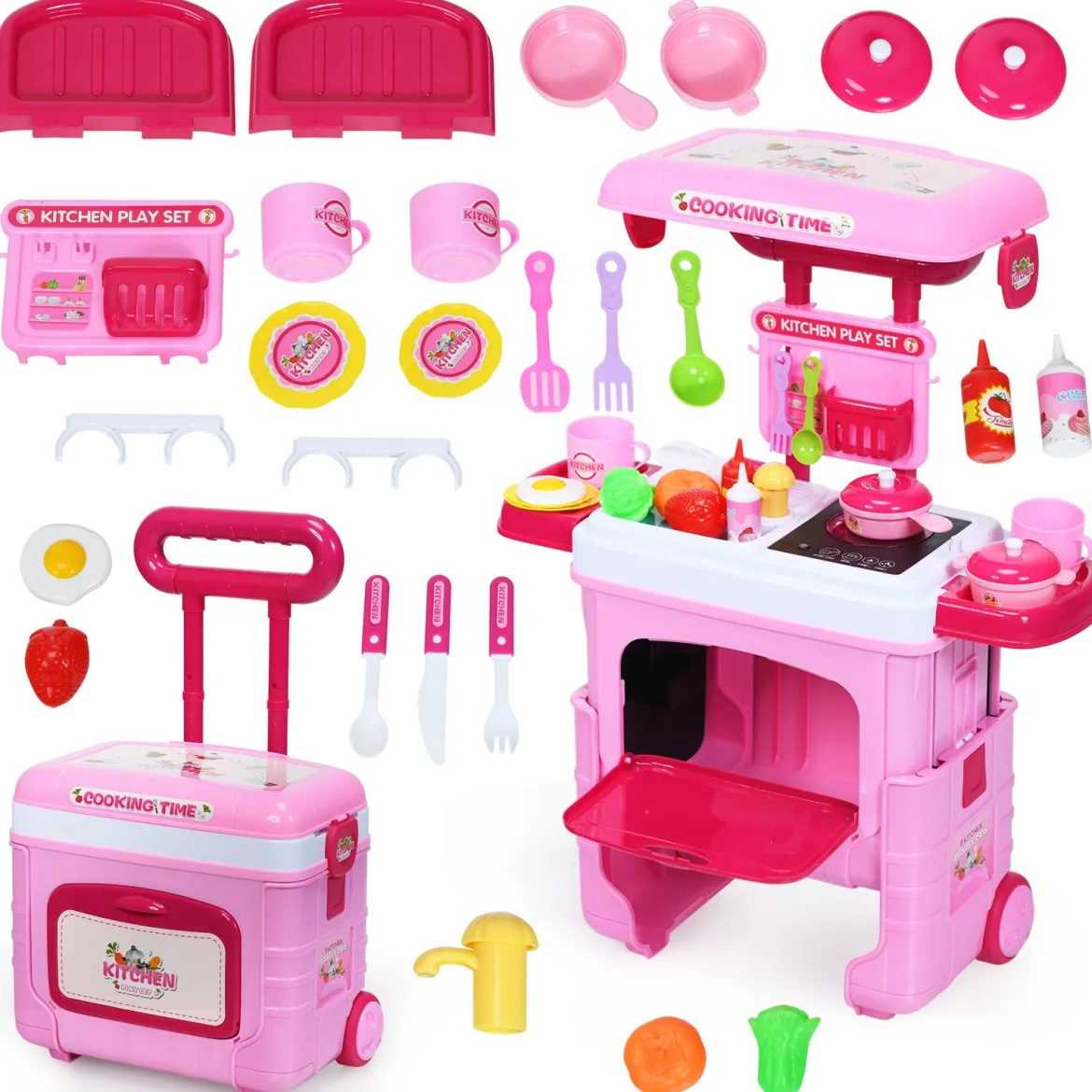 2 in 1 Küchen-Spielzeug-Trolley Küchen-Spielzeug-Set höhenverstellbar Kinder Rollenspiel Spielzeug Rosa