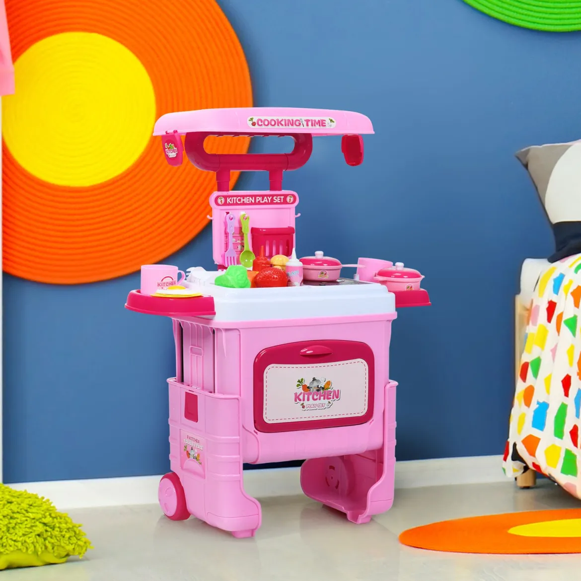2 in 1 Küchen-Spielzeug-Trolley Küchen-Spielzeug-Set höhenverstellbar Kinder Rollenspiel Spielzeug Rosa