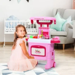 2 in 1 Küchen-Spielzeug-Trolley Küchen-Spielzeug-Set höhenverstellbar Kinder Rollenspiel Spielzeug Rosa