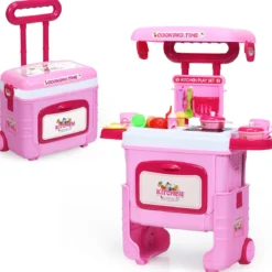 2 in 1 Küchen-Spielzeug-Trolley Küchen-Spielzeug-Set höhenverstellbar Kinder Rollenspiel Spielzeug Rosa