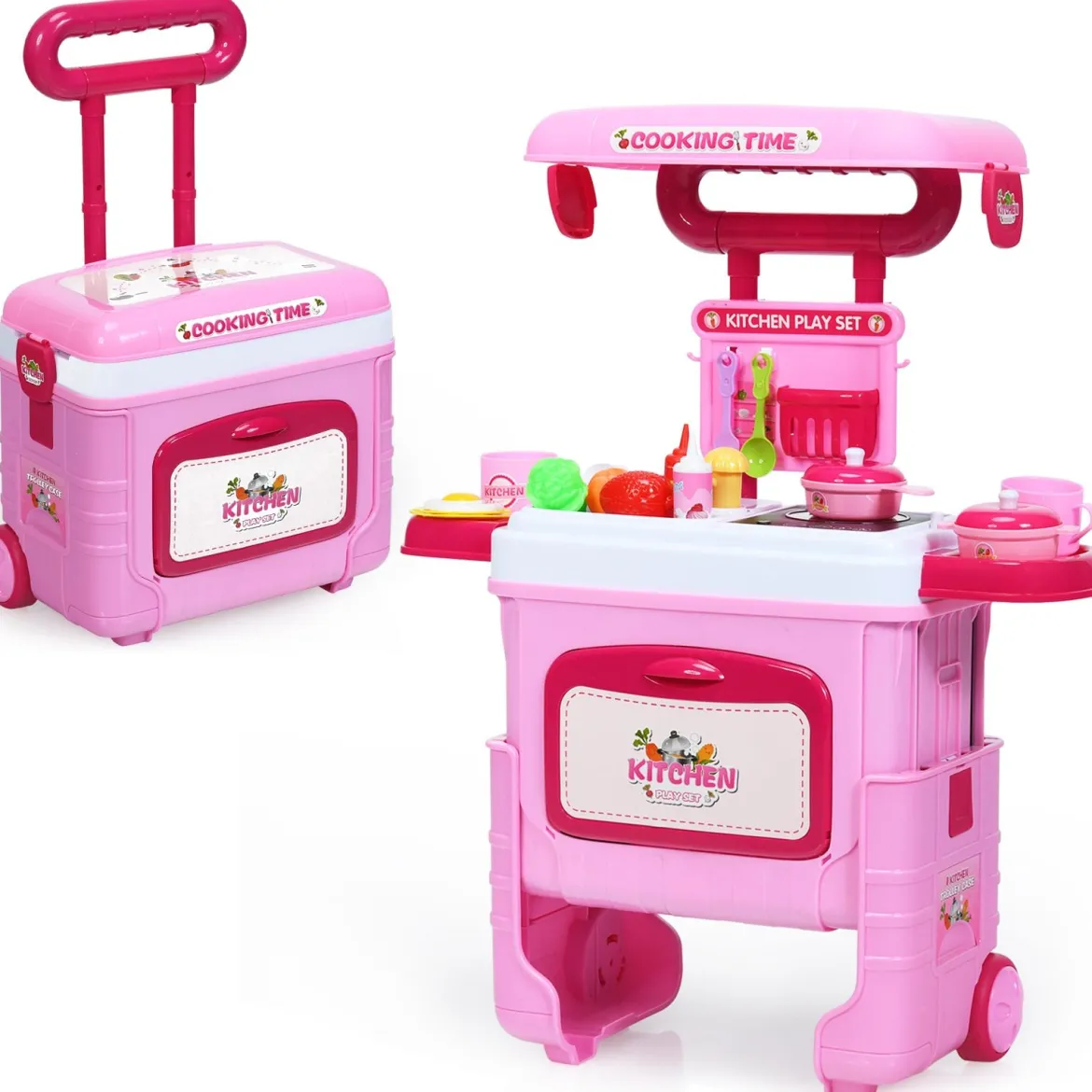 2 in 1 Küchen-Spielzeug-Trolley Küchen-Spielzeug-Set höhenverstellbar Kinder Rollenspiel Spielzeug Rosa