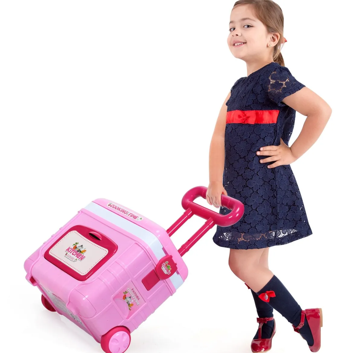 2 in 1 Küchen-Spielzeug-Trolley Küchen-Spielzeug-Set höhenverstellbar Kinder Rollenspiel Spielzeug Rosa