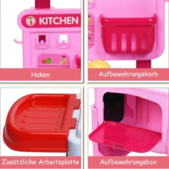 2 in 1 Küchen-Spielzeug-Trolley Küchen-Spielzeug-Set höhenverstellbar Kinder Rollenspiel Spielzeug Rosa