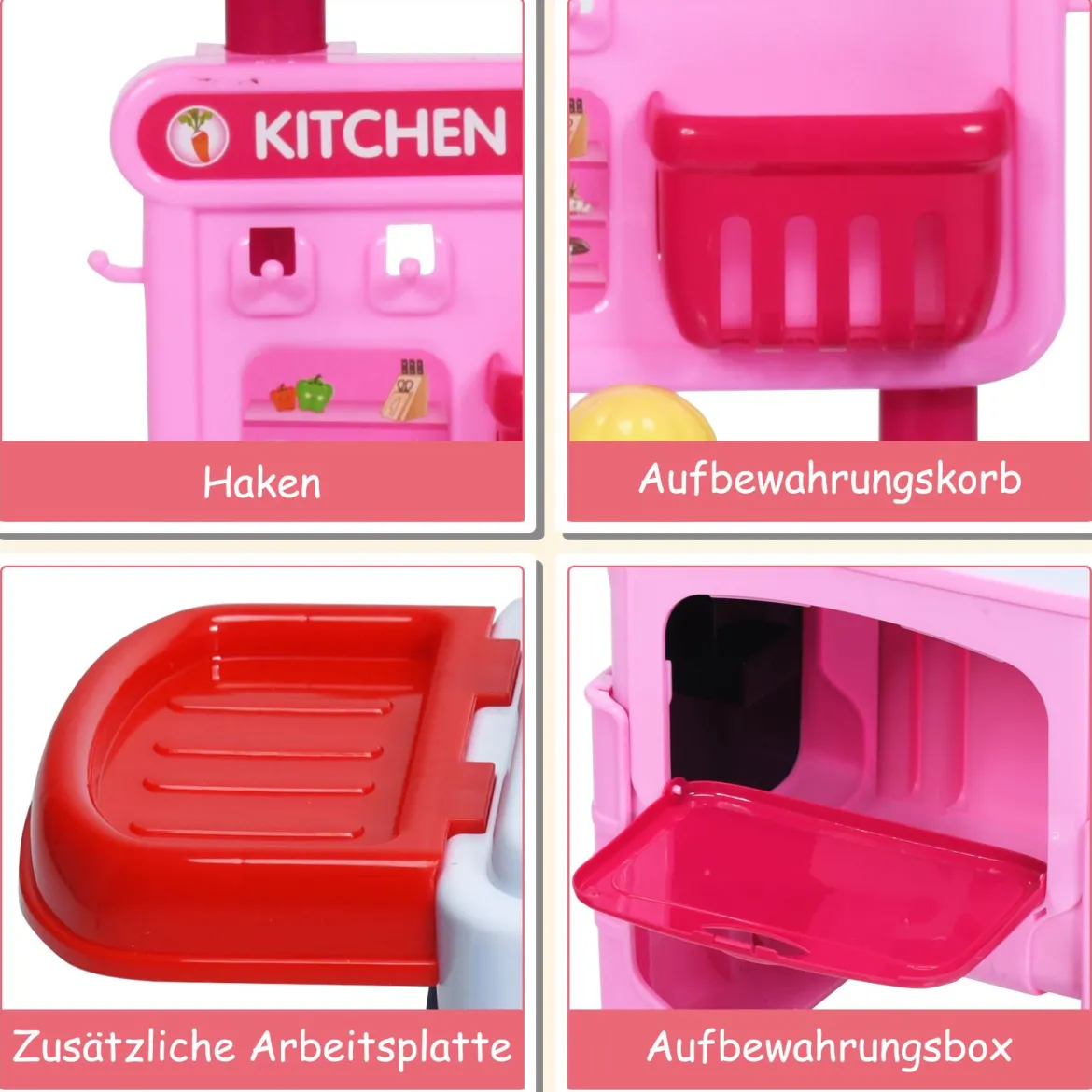 2 in 1 Küchen-Spielzeug-Trolley Küchen-Spielzeug-Set höhenverstellbar Kinder Rollenspiel Spielzeug Rosa