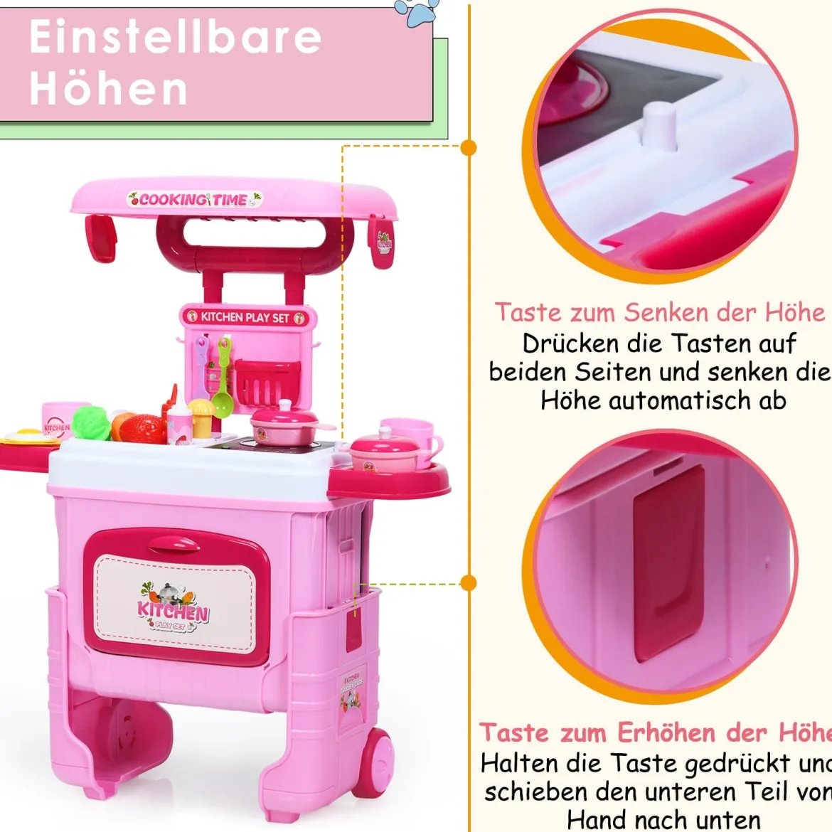 2 in 1 Küchen-Spielzeug-Trolley Küchen-Spielzeug-Set höhenverstellbar Kinder Rollenspiel Spielzeug Rosa