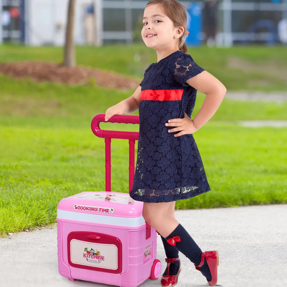 2 in 1 Küchen-Spielzeug-Trolley Küchen-Spielzeug-Set höhenverstellbar Kinder Rollenspiel Spielzeug Rosa