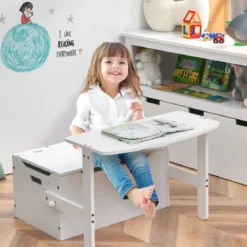 3 in 1 Kinder-Aktivitätstisch Set mit Schreibtisch & Sitzbank & Aufbewahrungsbox für Kindergarten Weiß