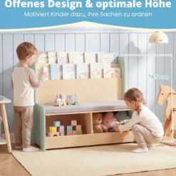 3 in 1 Kinder Bücherregal mit Sitzbank Kinderregal mit 2 Fächern & Gepolstertem Kissen Grün