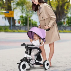 4-in-1 Kinderdreirad Klappbar Baby-Dreirad 3 Räder Fahrrad mit Markise Rosa