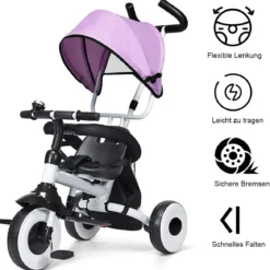 4-in-1 Kinderdreirad Klappbar Baby-Dreirad 3 Räder Fahrrad mit Markise Rosa