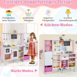 2 in 1 Kinderküche & Kaufladen mit Licht & Sound & 82 Zubehörteile & Tafel & Eismacher Spielküche