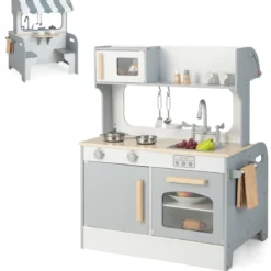 2 in 1 Kinderküche mit Restaurant zum Kochen & Servieren Spielküche mit Zubehör Grau