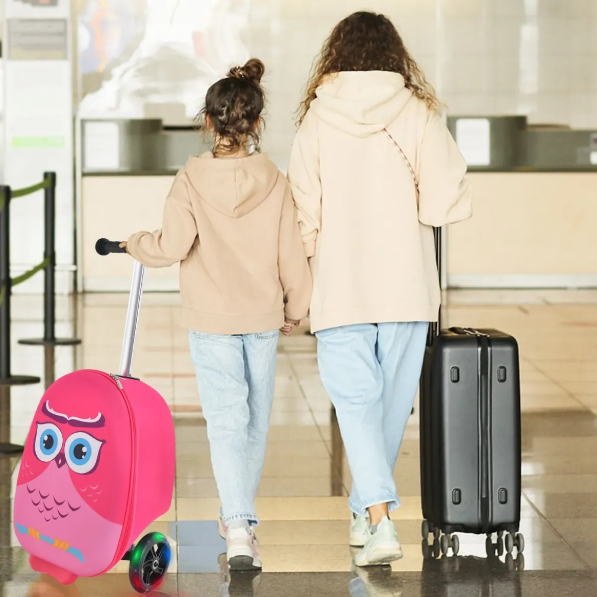 2 in 1 Kinderkoffer und Scooter mit LED Räder 26L Kindertrolley mit Bremse Eule
