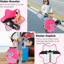 2 in 1 Kinderkoffer und Scooter mit LED Räder 26L Kindertrolley mit Bremse Eule