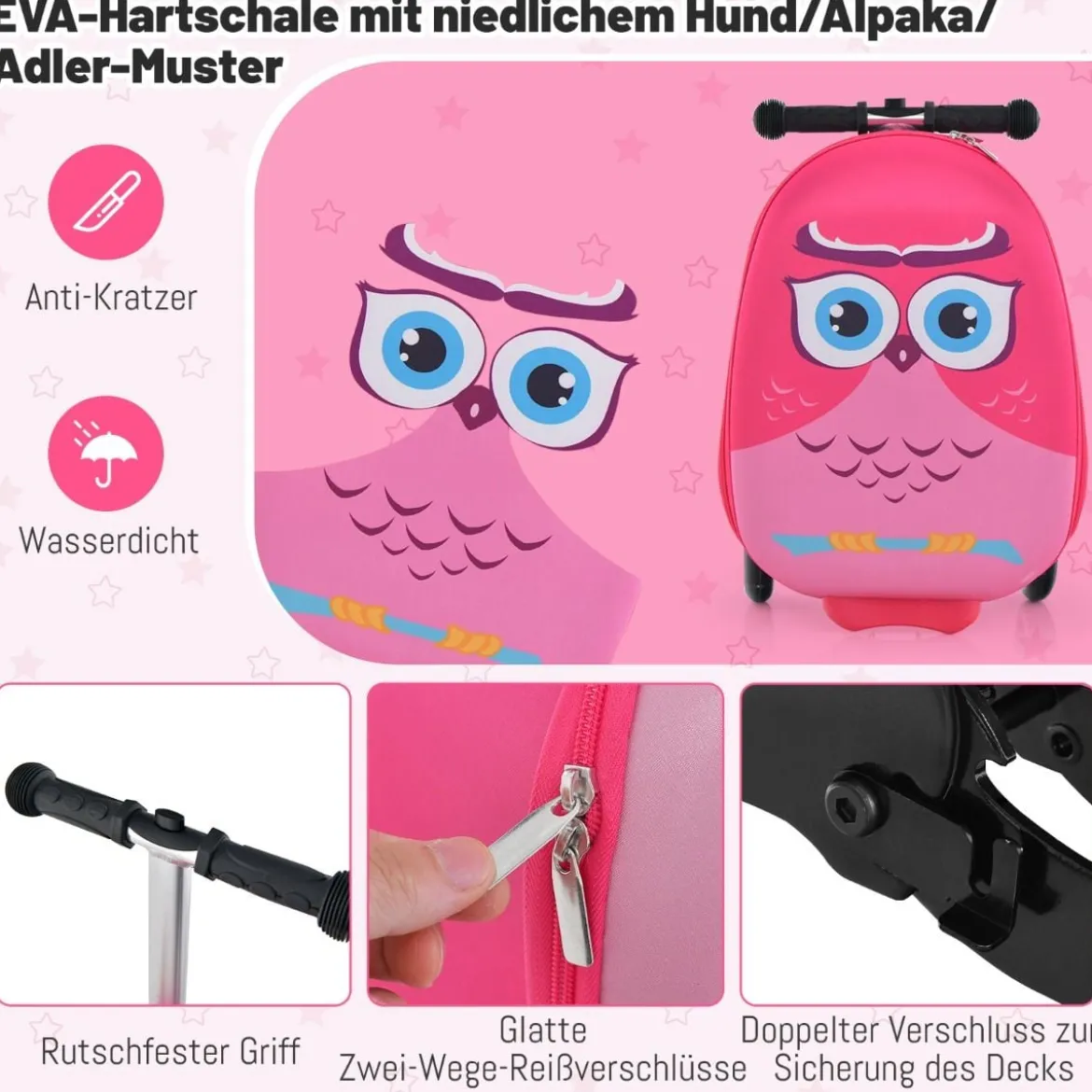 2 in 1 Kinderkoffer und Scooter mit LED Räder 26L Kindertrolley mit Bremse Eule