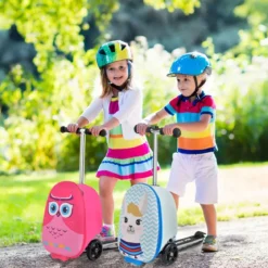 2 in 1 Kinderkoffer und Scooter mit LED Räder 26L Kindertrolley mit Bremse Eule