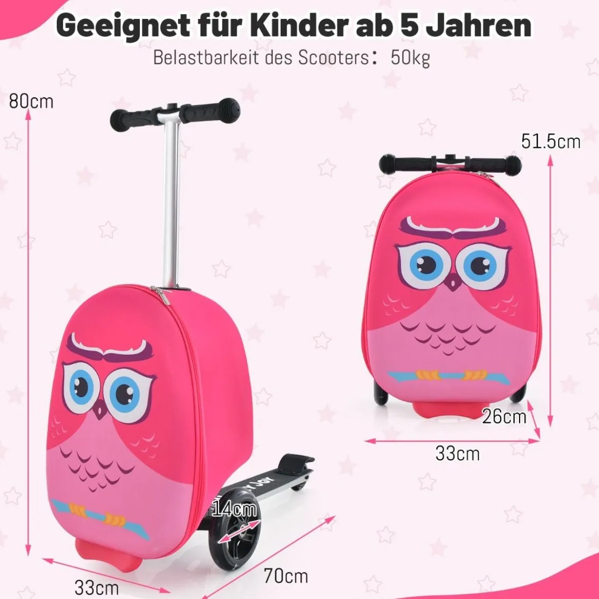 2 in 1 Kinderkoffer und Scooter mit LED Räder 26L Kindertrolley mit Bremse Eule