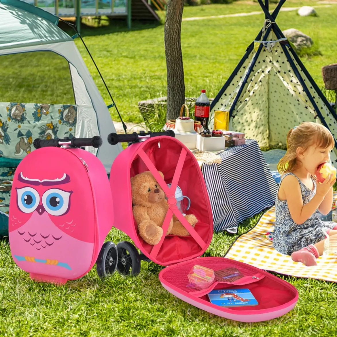 2 in 1 Kinderkoffer und Scooter mit LED Räder 26L Kindertrolley mit Bremse Eule