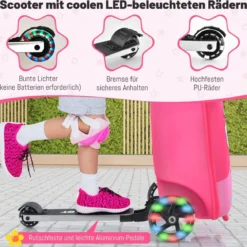 2 in 1 Kinderkoffer und Scooter mit LED Räder 26L Kindertrolley mit Bremse Eule