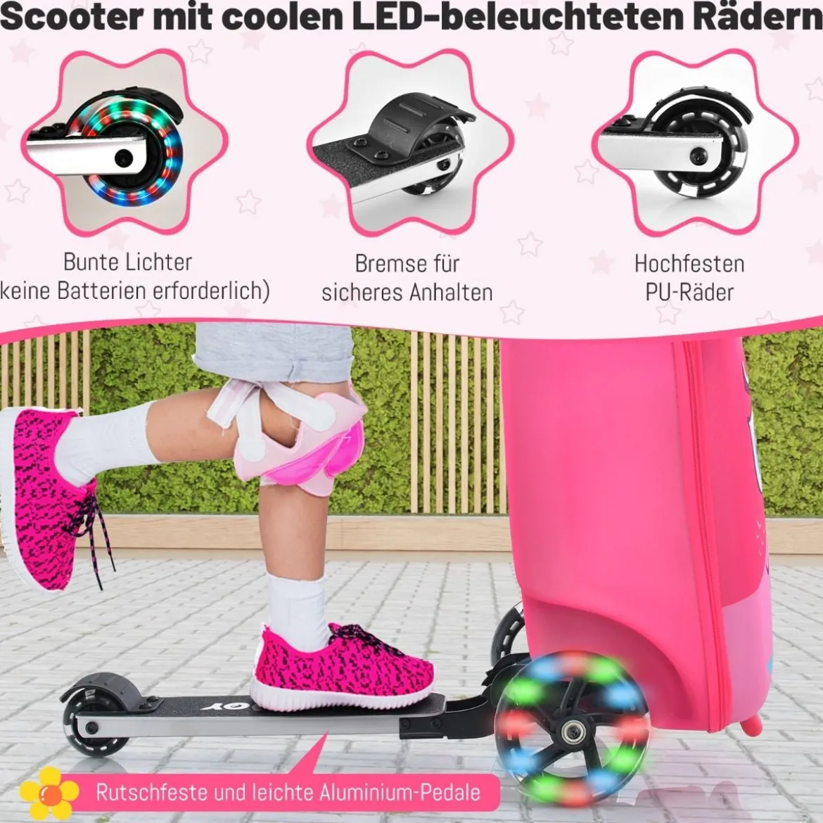 2 in 1 Kinderkoffer und Scooter mit LED Räder 26L Kindertrolley mit Bremse Eule