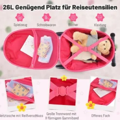 2 in 1 Kinderkoffer und Scooter mit LED Räder 26L Kindertrolley mit Bremse Eule