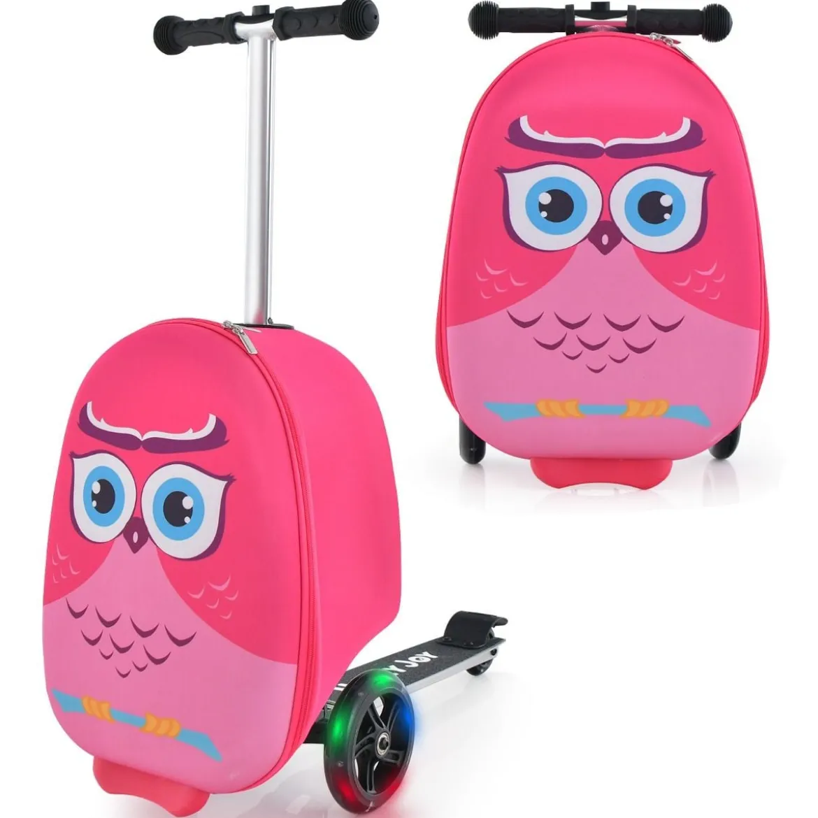 2 in 1 Kinderkoffer und Scooter mit LED Räder 26L Kindertrolley mit Bremse Eule