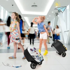 2 in 1 Kinderkoffer und Scooter mit LED Räder 26L Kindertrolley mit Bremse Roboter