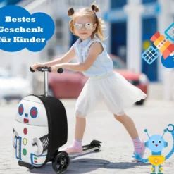 2 in 1 Kinderkoffer und Scooter mit LED Räder 26L Kindertrolley mit Bremse Roboter