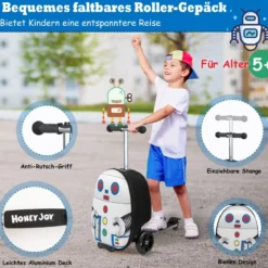 2 in 1 Kinderkoffer und Scooter mit LED Räder 26L Kindertrolley mit Bremse Roboter