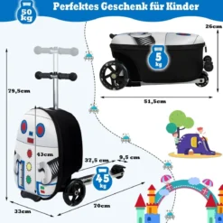 2 in 1 Kinderkoffer und Scooter mit LED Räder 26L Kindertrolley mit Bremse Roboter