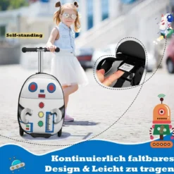 2 in 1 Kinderkoffer und Scooter mit LED Räder 26L Kindertrolley mit Bremse Roboter